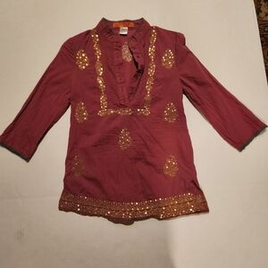 Vintage Y2K Sweet by Miss Me Magenta Boho Embroidered Top Gold Sequins Small EUC